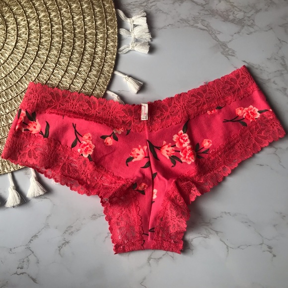 Victoria’s Secret PINK Lace Trim Cheekster Panty Coral Pink Dafodils NEW - Picture 6 of 6